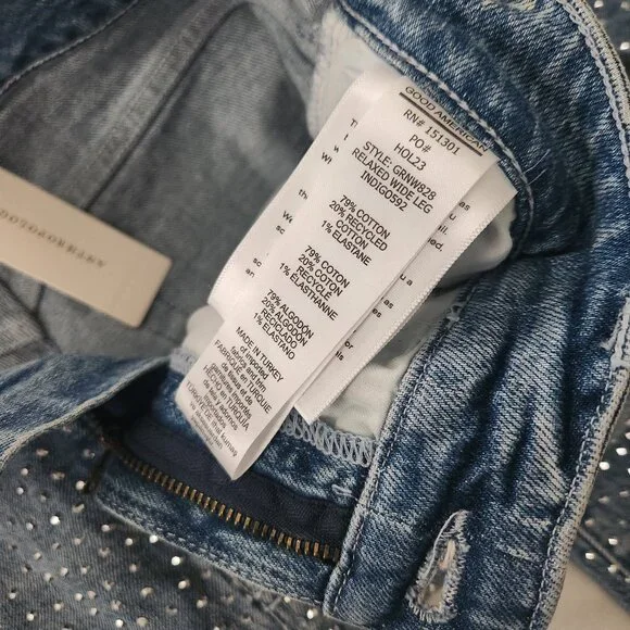 NWT Anthropologie Good American Good Ease High-Rise Rhinestone Wide-Leg Jeans 27 - Picture 9 of 11